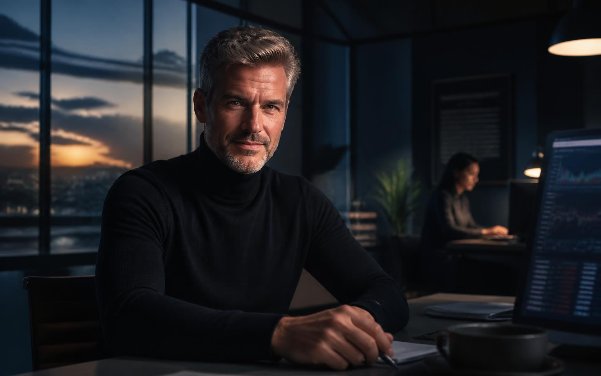 Entrepreneur travaillant dans son bureau au crépuscule